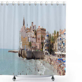 Personality  CATALONIA, SPAIN - APRIL 30, 2020: Panoramic Crop Of People Swimming In Sea Near Buildings And Palm Trees On Coast Shower Curtains