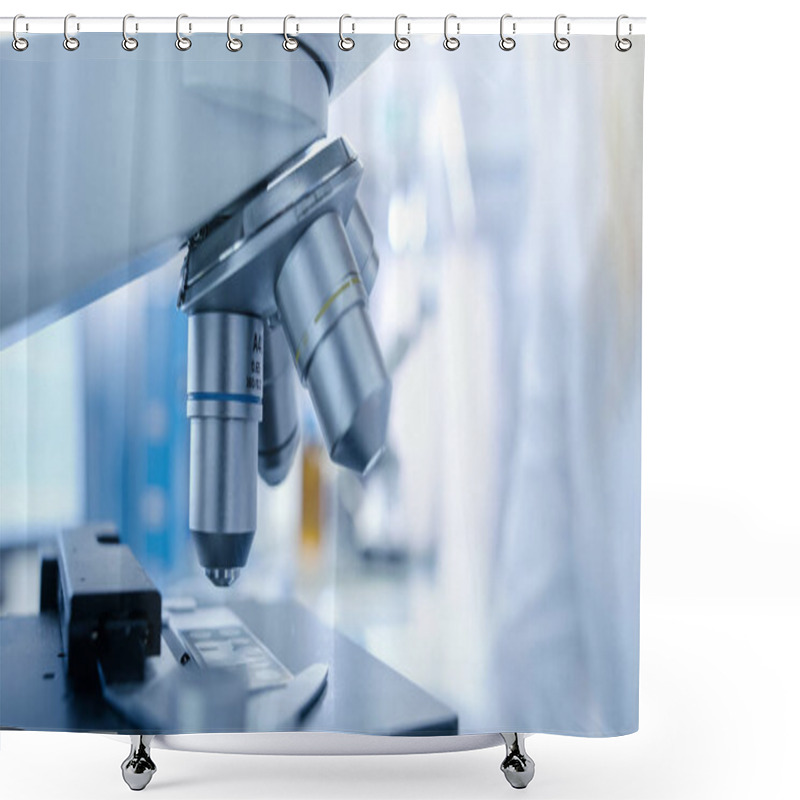 Personality  Close-up Shot Of Scientific Microscope In A Bright Modern Labora Shower Curtains