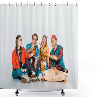 Personality  Young Stylish Hipsters Clinking With Beer Bottles And Sitting With Longboard  Shower Curtains