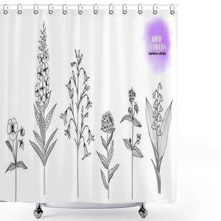 Personality  Set Of Hand-drawn, Ink Drawn Wild Flowers: Forget-me-not, Lungwort, Lily Of The Valley, Willow Herb, Bellflower, Violet. Black And White. Vector EPS 10. Shower Curtains