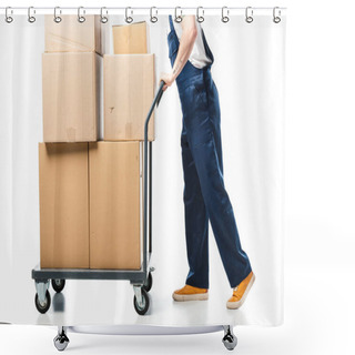 Personality  Cropped View Of Mover In Uniform Transporting Cardboard Boxes On Hand Truck On White Shower Curtains