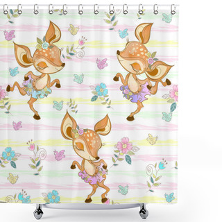 Personality  Seamless Pattern With Cute Dancing Fawns. Ballerinas. Vector. Shower Curtains