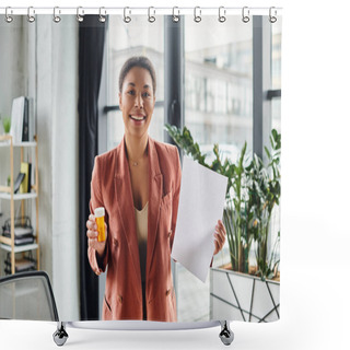 Personality  Happy African American Nutritionist Showing Paper With Copy Space And Bottle With Supplements Shower Curtains