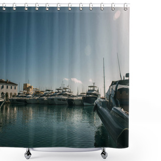 Personality  Docked Modern And White Yachts In Mediterranean Sea Shower Curtains