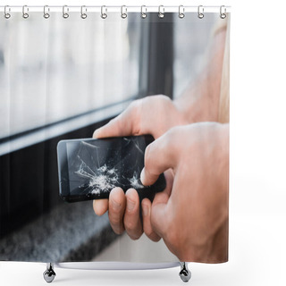 Personality  Cropped View Of Businessman Touching Smashed Touchscreen Of Smartphone With Big Finger On Blurred Background Shower Curtains