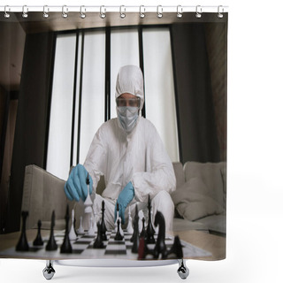 Personality  Selective Focus Of Man In Personal Protective Equipment And Medical Mask Playing Chess  Shower Curtains