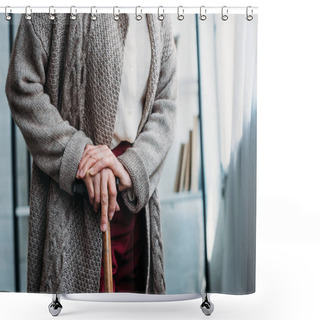 Personality  Cropped Shot Of Senior Lady With Wooden Walking Stick Standing At Home Shower Curtains