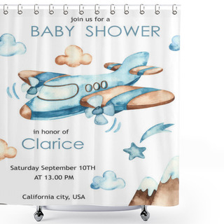Personality  Airplane, Clouds, Mountains, Stars. Watercolor Baby Shower For Boys Shower Curtains