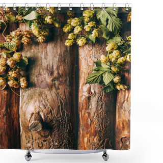 Personality  Top View Of Hops With Green Leaves On Wooden Backdrop Shower Curtains