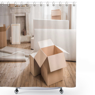 Personality  Cardboard Boxes In Empty Room  Shower Curtains