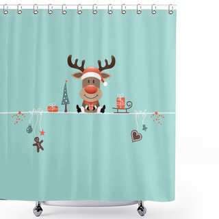 Personality  Square Sitting Christmas Reindeer And Icons Turquoise Shower Curtains