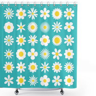 Personality  White Daisy Chamomile Icon. Camomile Super Big Set. Cute Round Flower Head Plant Nature Collection. Decoration Element. Love Card Symbol. Growing Concept. Flat Design. Isolated Green Background Vector Shower Curtains