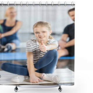 Personality  Cute Blonde Girl Sitting On Mat With Thumb Up  Shower Curtains
