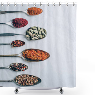 Personality  Top View Of Colorful Spices In Spoons On White Table Shower Curtains