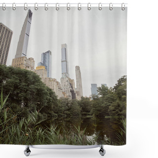 Personality  Scenic View Of Trees And Lake Against Modern Skyscrapers In New York City, Autumnal Metropolis Scene Shower Curtains