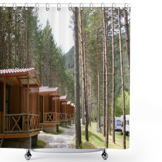Personality  Forest Wooden Cabins In A Mountain Camping Shower Curtains