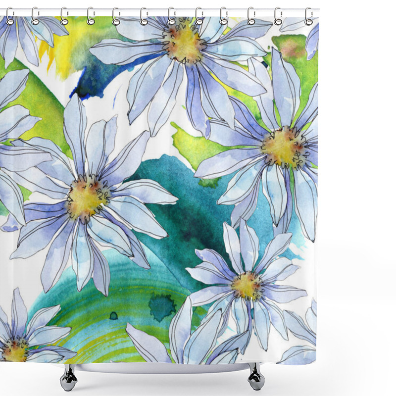 Personality  Daisies With Green Leaves Watercolor Illustration, Seamless Background Pattern Shower Curtains