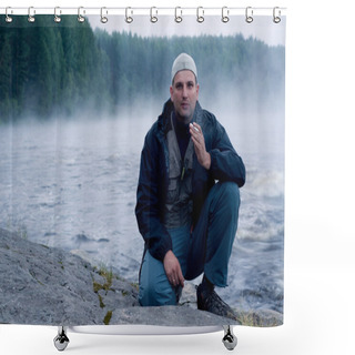 Personality  Man On River Bank Shower Curtains