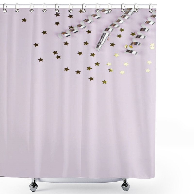 Personality  Festive party border or frame of silver spiral streamers and confetti on pink background shower curtains