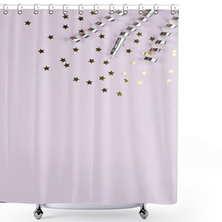 Personality  Festive Party Border Or Frame Of Silver Spiral Streamers And Confetti On Pink Background Shower Curtains