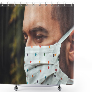 Personality  Young White Man With A Fabric Handmade Face Mask During Coronavirus Pandemic. Coronavirus, COVID-19 Outbreak. Virus Protection Concept. Blurred Background. Face And Eyes Detail. Shower Curtains