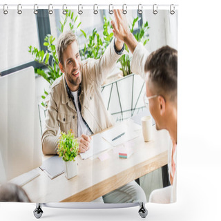 Personality  Young, Cheerful Businessmen Giving High Five While Sitting At Workplace In Office Shower Curtains