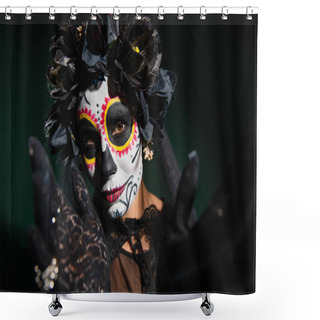 Personality  Woman In Sugar Skull Makeup And Wrench With Black Flowers Looking At Camera On Dark Green Background  Shower Curtains