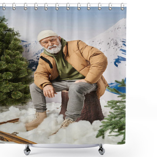 Personality  Serious Man With White Beard In Jacket Sitting On Tree Stump Looking At Camera, Winter Concept Shower Curtains