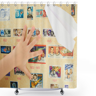 Personality  Child's Hand On A Background Stamp Collection On The Theme Of The Cosmos Shower Curtains