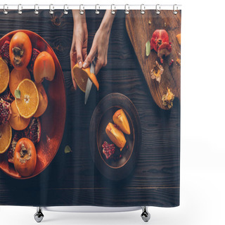 Personality  Cropped Image Of Woman Peeling Orange Shower Curtains