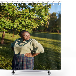 Personality  A Plus-size African American Woman, Standing Confidently In The Grass, With Her Hands On Her Hips In A Body-positive Stance. Shower Curtains