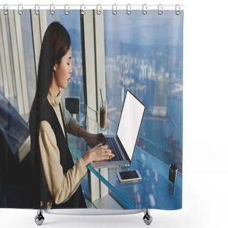 Personality  Asian Young Woman Working On Laptop Computer With Blank Screen Shower Curtains