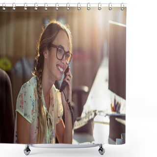 Personality  Smiling Woman Talking On Phone Shower Curtains