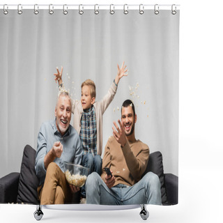 Personality  Excited Boy With Dad And Grandfather Throwing Popcorn While Watching Tv Isolated On Grey Shower Curtains