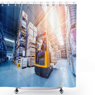 Personality  Forklift Loader In Storage Warehouse Ship Yard, Delivery And Logistics Concept Shower Curtains