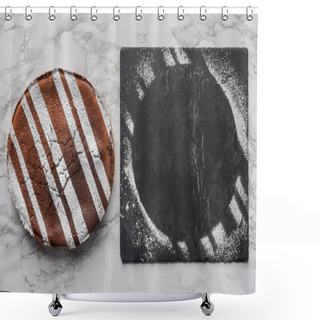 Personality  Top View Of Delicious Homemade Cake And Slate Board With Sugar Powder On Marble Surface Shower Curtains
