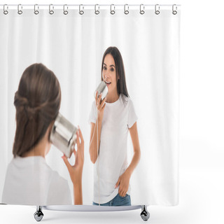 Personality  Back View Of Kid Holding Tin Can And Playing With Mother Isolated On While  Shower Curtains