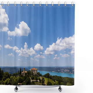 Personality  Aerial View Of Tranquil Landscape With Beautiful Architecture And Majestic Nature In Provence, France Shower Curtains