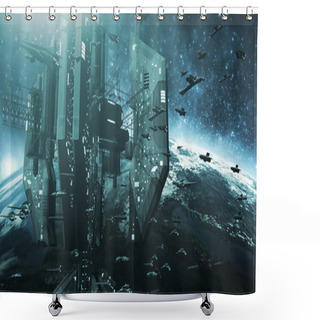 Personality  Colone Of Futuristic Spaceships And An Impressive Space Station Shower Curtains