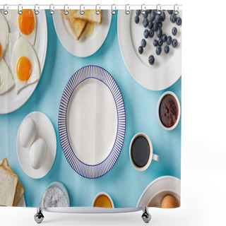 Personality  Top View Of Served Breakfast With Empty Plate In Middle On Blue Background Shower Curtains