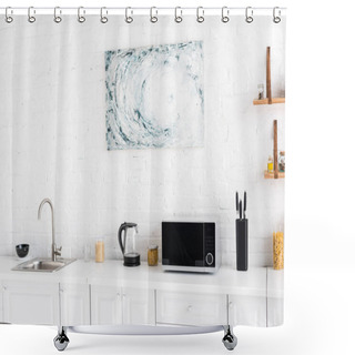 Personality  Microwave, Electric Kettle, Pasta, Knives And Sink On Surface In Kitchen  Shower Curtains