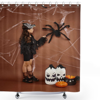 Personality  Cute Girl In Wolf Mask And Black Attire Touches Spider On Brown Backdrop, Halloween Concept Shower Curtains