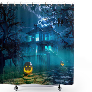 Personality  Halloween Night Background With Scary House. 3d Rendering Shower Curtains