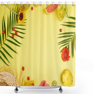 Personality  Fruits Flowers Cold Juice And Leaves Of Palm On Yellow Background Shower Curtains