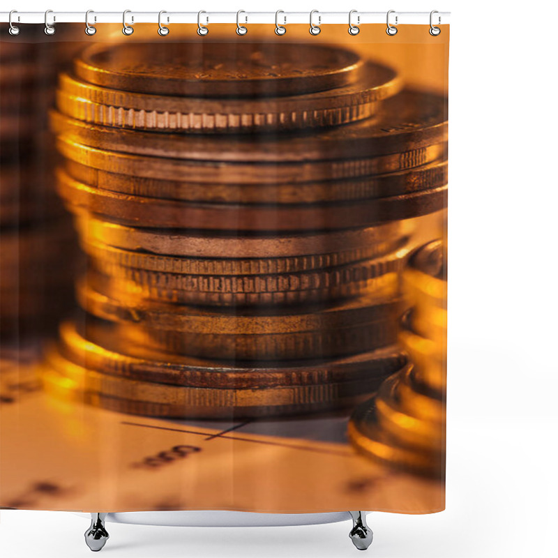 Personality  Selective Focus Of Coins Stack On Blurred Document And Background Shower Curtains