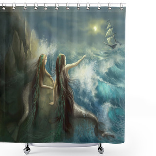 Personality  Hunting Two Mermaids In The Rocks On The Background Of A Stormy Ocean. Digital Art. Shower Curtains