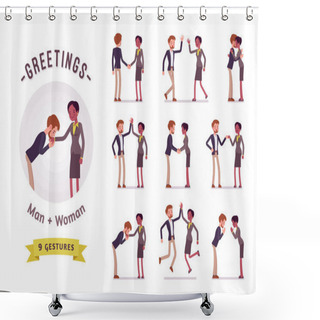 Personality  Businessman And Businesswoman Greeting Character Set, Various Poses And Emotions Shower Curtains