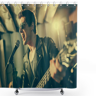 Personality  Selective Focus Of Guitarist In Sunglasses Singing Song In Microphone While Playing Electic Guitar  Shower Curtains