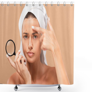 Personality  Displeased Girl Pointing With Finger At Pimple On Face And Holding Magnifier Isolated On Beige  Shower Curtains