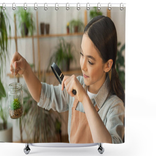 Personality  Smiling Kid In Apron Holding Magnifying Glass And Jar With Plant At Home  Shower Curtains